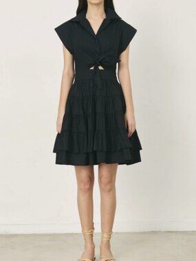 NWT Deluc Midi Cap Sleeve Collared V-Neck Ruffled Shirt Dress